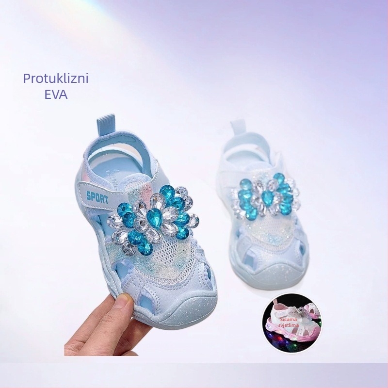 Dječje princeze sportske sandale s kristalnim ukrasima, gornji dio od mikrovlaknaste kože, potplat PVC, zatvaranje Velcro, LED svjetla