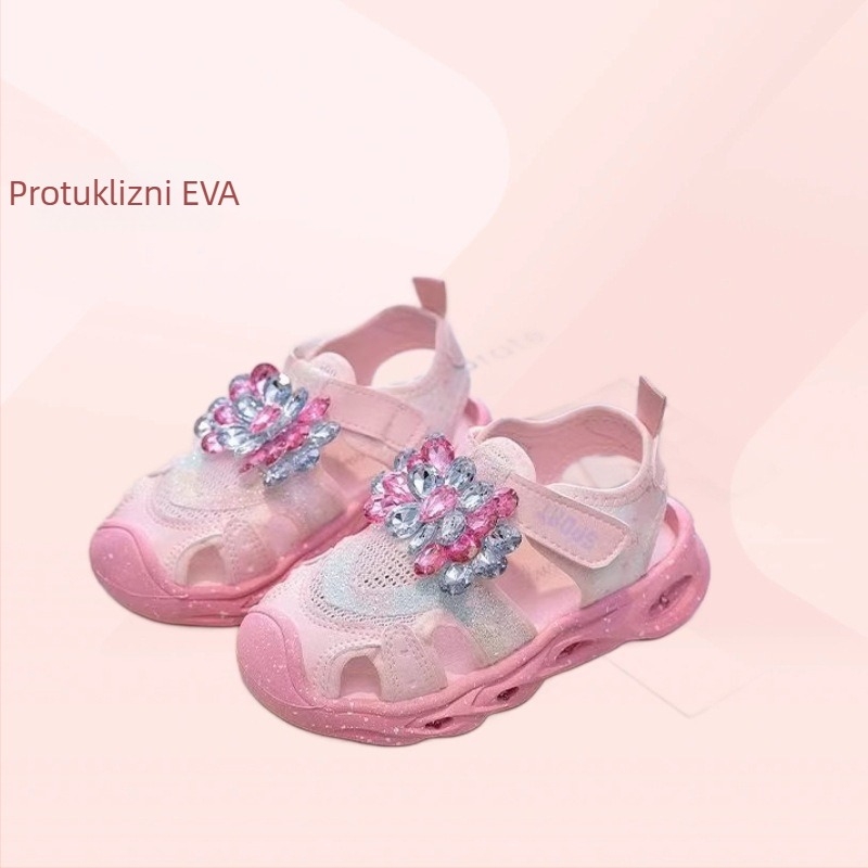 Dječje princeze sportske sandale s kristalnim ukrasima, gornji dio od mikrovlaknaste kože, potplat PVC, zatvaranje Velcro, LED svjetla