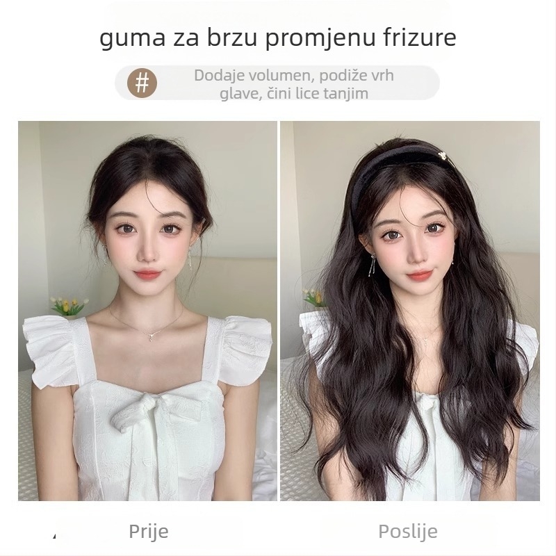 Perika s Camellia trakom – valovito vodne kovrče, uklonjiva Camellia trak, U-oblik pokrivanje pola glave, vlakna otporna na visoke temperature, prirodan izgled