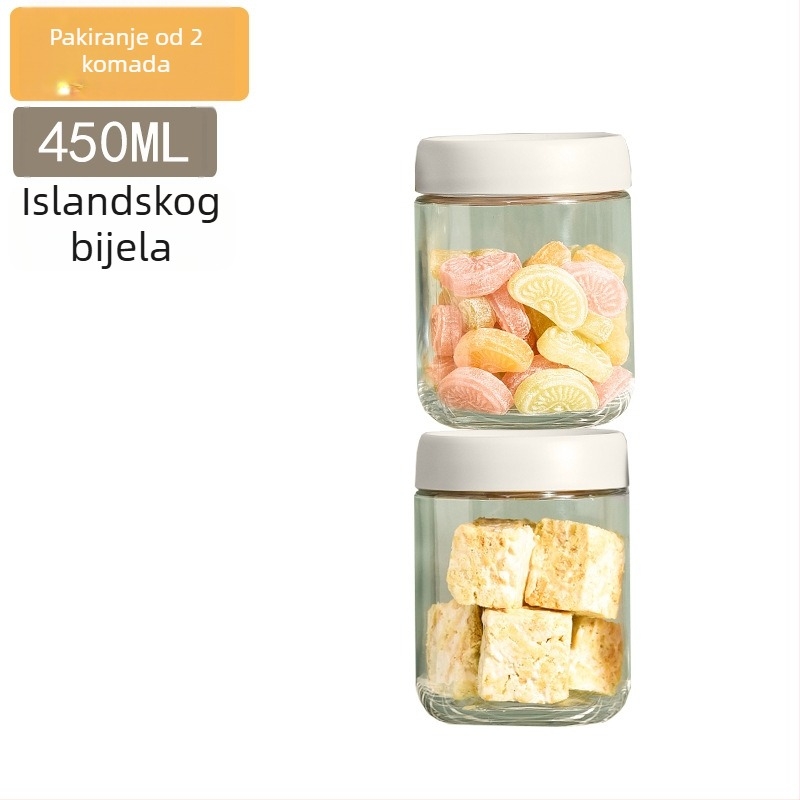 Staklene zatvorene posude za čuvanje hrane, male okrugle kuhinjske posude, ispod 300 ml, moderni minimalistički stil.