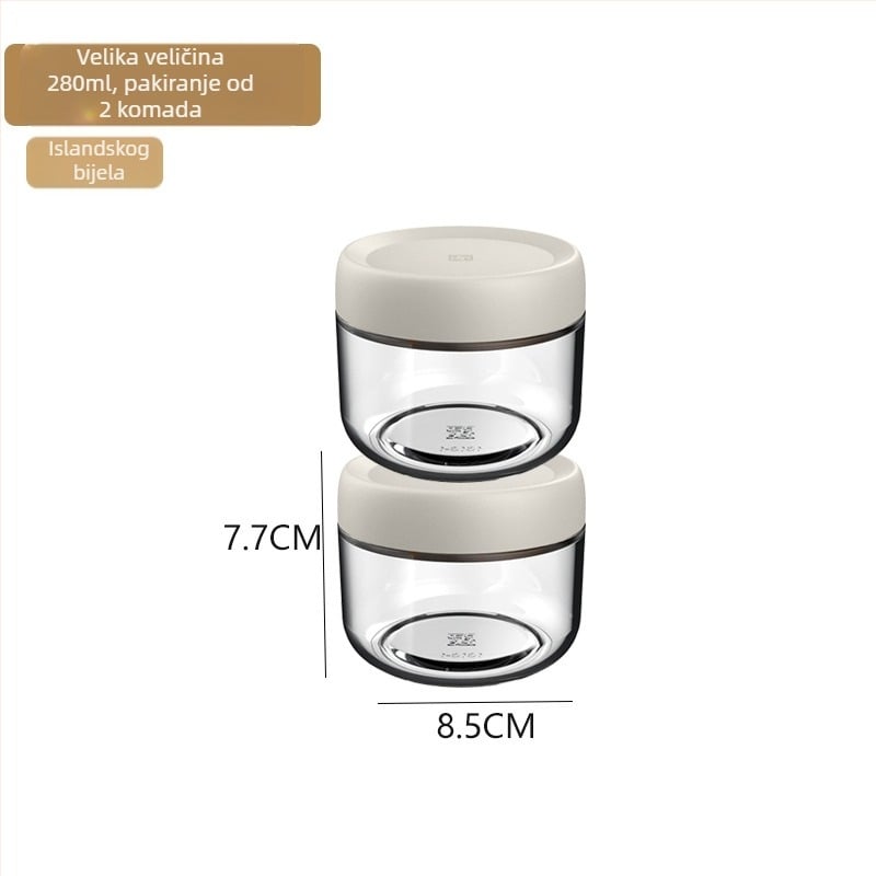Staklene zatvorene posude za čuvanje hrane, male okrugle kuhinjske posude, ispod 300 ml, moderni minimalistički stil.