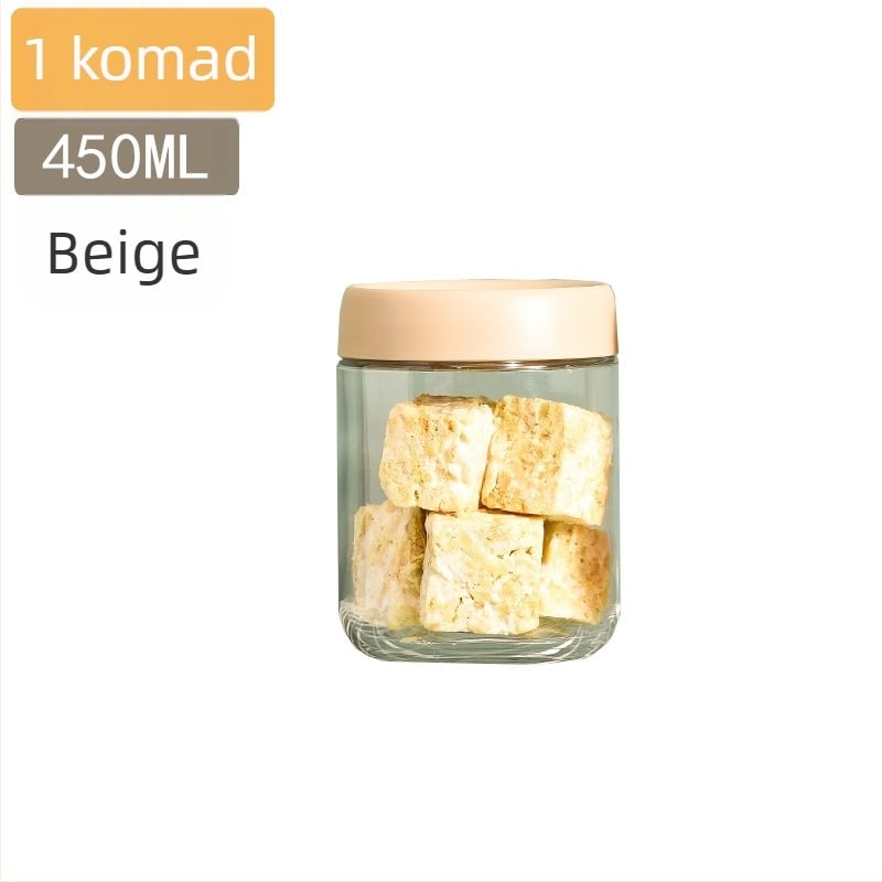 Staklene zatvorene posude za čuvanje hrane, male okrugle kuhinjske posude, ispod 300 ml, moderni minimalistički stil.