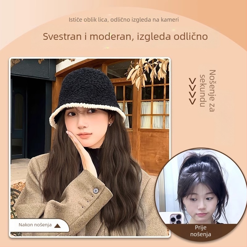 Perika u ribarskoj kapici s dugom kovrčavom kosom, pletena za jesen/zimu, prirodan izgled, kosa od vlakna otpornih na visoku temperaturu, frizura: ravna ili nagnuta, nije obojena