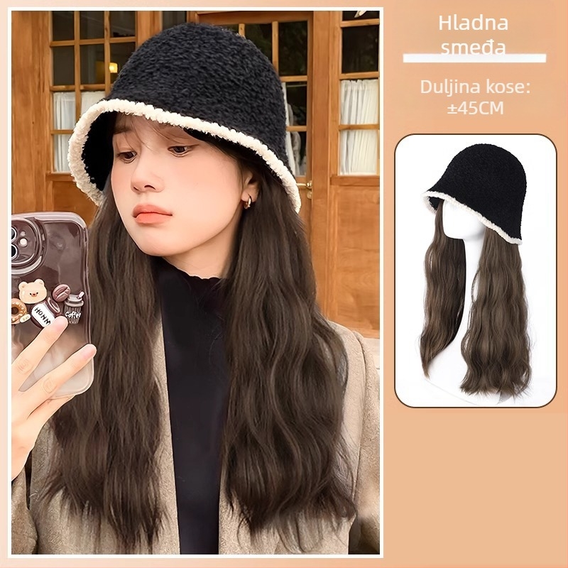 Perika u ribarskoj kapici s dugom kovrčavom kosom, pletena za jesen/zimu, prirodan izgled, kosa od vlakna otpornih na visoku temperaturu, frizura: ravna ili nagnuta, nije obojena