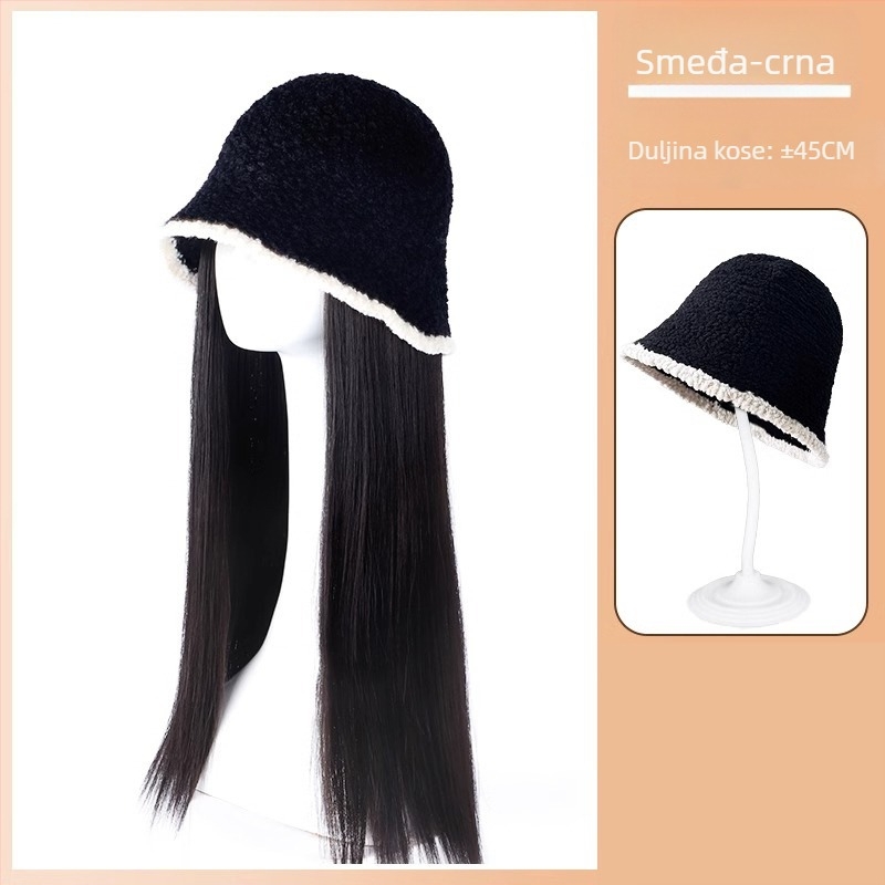 Perika u ribarskoj kapici s dugom kovrčavom kosom, pletena za jesen/zimu, prirodan izgled, kosa od vlakna otpornih na visoku temperaturu, frizura: ravna ili nagnuta, nije obojena