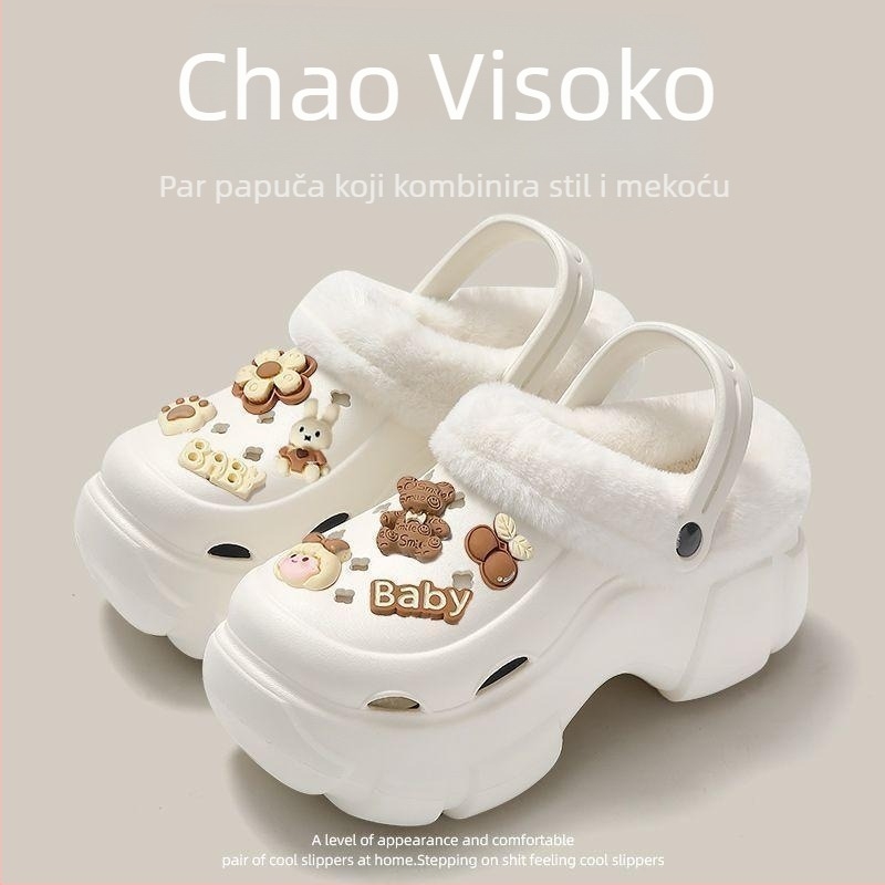 Ženske Crocs papuče s plišanim podstavkom, zimsko-jesenski model, debela potplata 6–7 cm, EVA gornji dio i potplat, protuklizne
