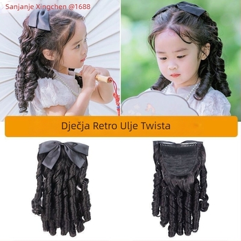 Dječja perika s repom, Yueying OEM, vlakna otporna na visoku temperaturu, stil Republike Kine, palača retro, cheongsam stil, simulirana mašna, rimske kovrče