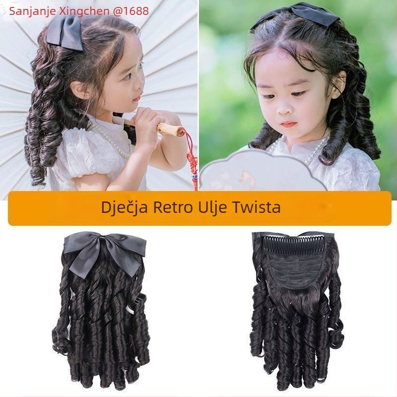 Dječja perika s repom, Yueying OEM, vlakna otporna na visoku temperaturu, stil Republike Kine, palača retro, cheongsam stil, simulirana mašna, rimske kovrče