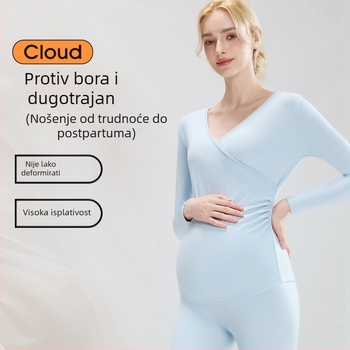 Trudnička pidžama set za dojenje – V-izrez, dugi rukavi s volanom, dugačke hlače, debeli poliester (90–95%)