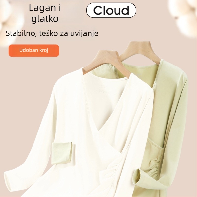 Trudnička pidžama set za dojenje – V-izrez, dugi rukavi s volanom, dugačke hlače, debeli poliester (90–95%)