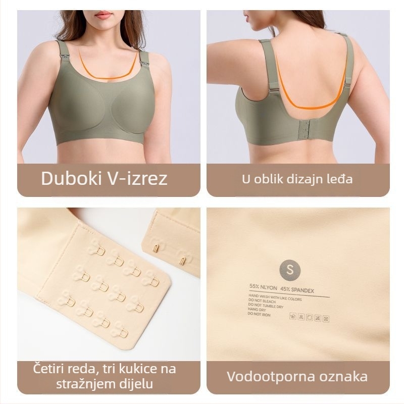Prolaktalni grudnjak bez žice, europskog stila, bočna potpora i podizanje dojki, udoban i diskretan, materijal najlon+spandeks, podstava najlon, fiksne dvostruke naramenice, tanke oblikovane košarice, stražnje zatvaranje s četiri reda kukica