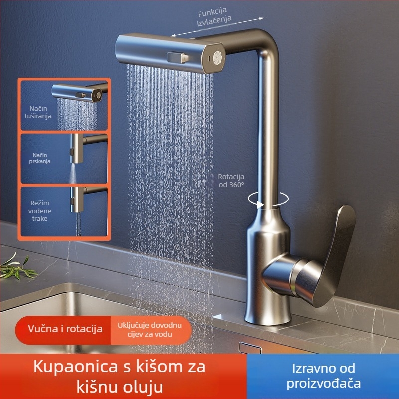 Kuhinjski slavina od nehrđajućeg čelika za pranje povrća, okretna, s toplom i hladnom vodom, keramički kartridni ventil, 0,1-0,9 MPa, 0-90°C, vertikalna ugradnja