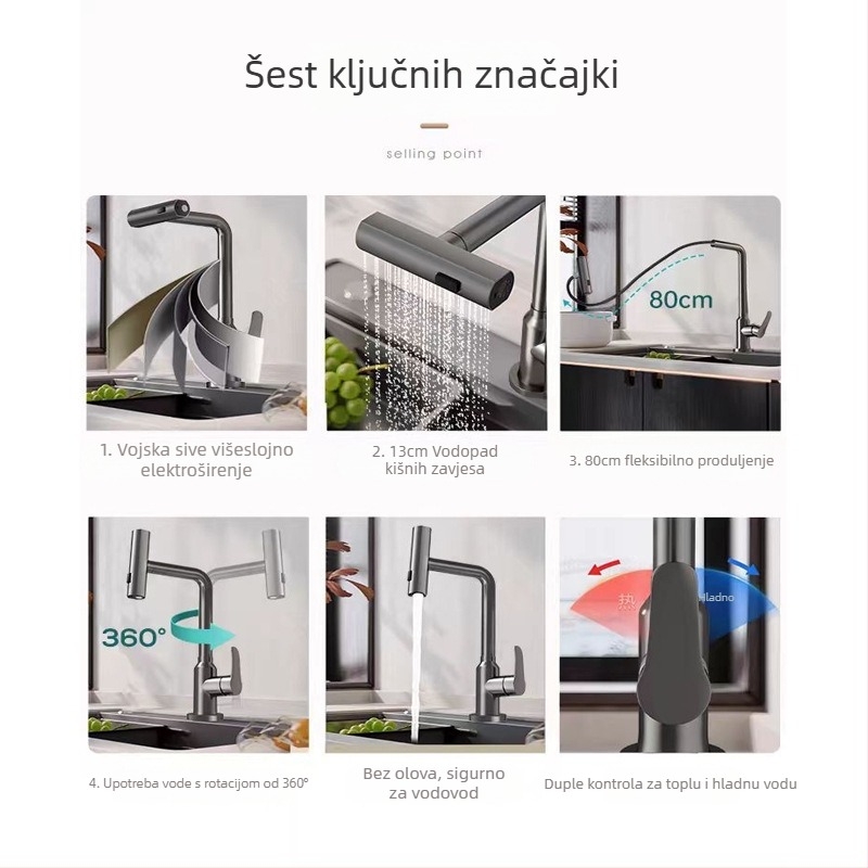 Kuhinjski slavina od nehrđajućeg čelika za pranje povrća, okretna, s toplom i hladnom vodom, keramički kartridni ventil, 0,1-0,9 MPa, 0-90°C, vertikalna ugradnja