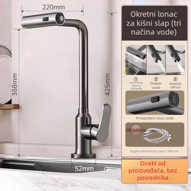 Kuhinjski slavina od nehrđajućeg čelika za pranje povrća, okretna, s toplom i hladnom vodom, keramički kartridni ventil, 0,1-0,9 MPa, 0-90°C, vertikalna ugradnja