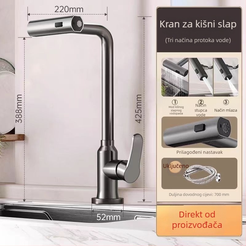 Kuhinjski slavina od nehrđajućeg čelika za pranje povrća, okretna, s toplom i hladnom vodom, keramički kartridni ventil, 0,1-0,9 MPa, 0-90°C, vertikalna ugradnja