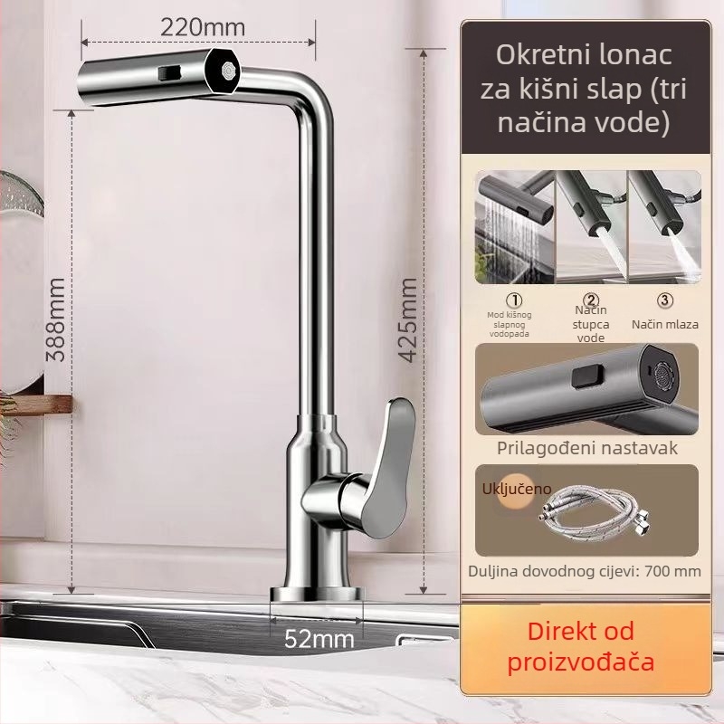 Kuhinjski slavina od nehrđajućeg čelika za pranje povrća, okretna, s toplom i hladnom vodom, keramički kartridni ventil, 0,1-0,9 MPa, 0-90°C, vertikalna ugradnja