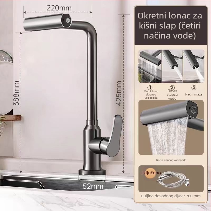 Kuhinjski slavina od nehrđajućeg čelika za pranje povrća, okretna, s toplom i hladnom vodom, keramički kartridni ventil, 0,1-0,9 MPa, 0-90°C, vertikalna ugradnja