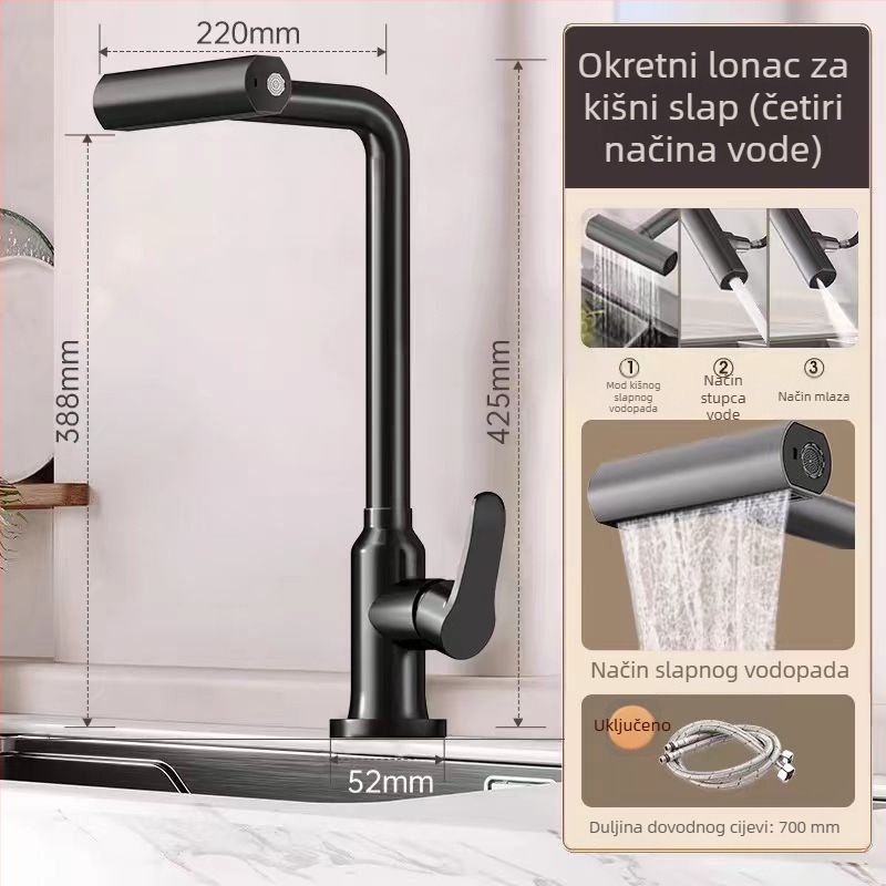 Kuhinjski slavina od nehrđajućeg čelika za pranje povrća, okretna, s toplom i hladnom vodom, keramički kartridni ventil, 0,1-0,9 MPa, 0-90°C, vertikalna ugradnja