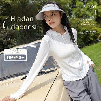 Ženska UV zaštitna kapuljačasta trkačka jakna, uska silueta, kratka duljina, zatvarač, UPF50+