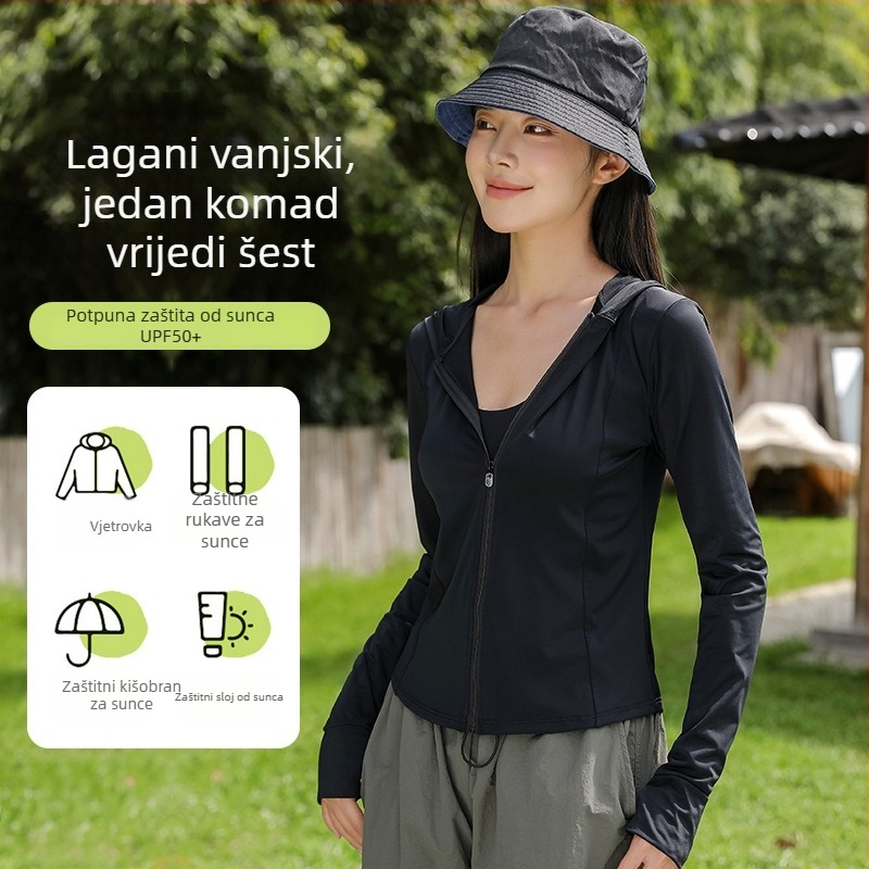 Ženska UV zaštitna kapuljačasta trkačka jakna, uska silueta, kratka duljina, zatvarač, UPF50+