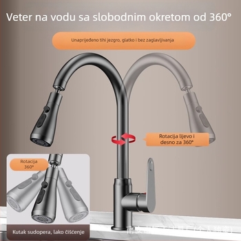 Kuhinjski slavina od nehrđajućeg čelika, 360° povlačna i izvlačna, brušeni završetak, montaža u jednu rupu
