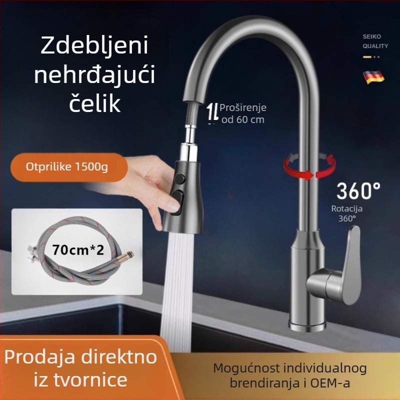 Kuhinjski slavina od nehrđajućeg čelika, 360° povlačna i izvlačna, brušeni završetak, montaža u jednu rupu
