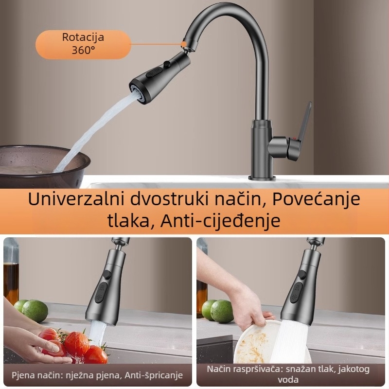 Kuhinjski slavina od nehrđajućeg čelika, 360° povlačna i izvlačna, brušeni završetak, montaža u jednu rupu