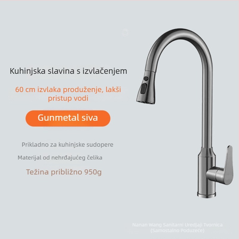 Kuhinjski slavina od nehrđajućeg čelika, 360° povlačna i izvlačna, brušeni završetak, montaža u jednu rupu