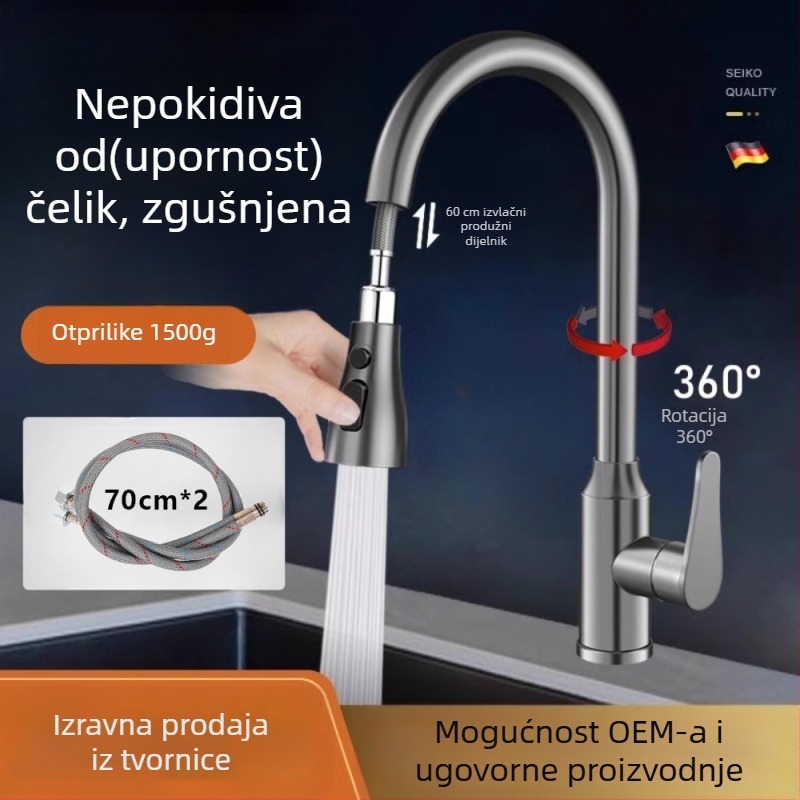 Kuhinjski slavina od nehrđajućeg čelika, 360° povlačna i izvlačna, brušeni završetak, montaža u jednu rupu