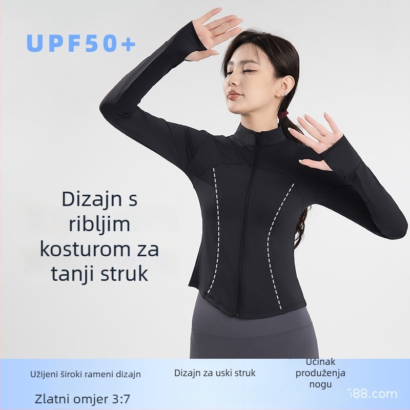 Joga jakna s ovratnikom, Slim-Fit, UV zaštita UPF50+, najlon-spandeks mješavina, dugi rukav, zatvarač, proljeće 2025