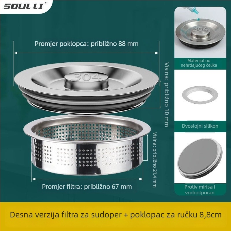 Dop za kuhinjski sudoper od nehrđajućeg čelika, univerzalna prilagodba, standardni model, moderni minimalistički dizajn