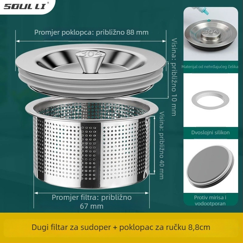 Dop za kuhinjski sudoper od nehrđajućeg čelika, univerzalna prilagodba, standardni model, moderni minimalistički dizajn