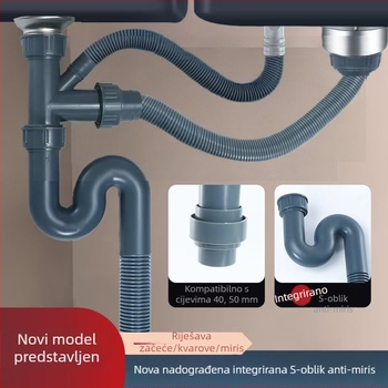Cijev odvodnje za kuhinju s integriranim S-oblikom, bez alata, materijal PP/PE, kompatibilna s odvodom za jedan i dva otvora