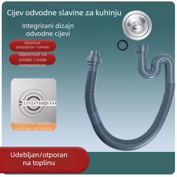 Cijev odvodnje za kuhinju s integriranim S-oblikom, bez alata, materijal PP/PE, kompatibilna s odvodom za jedan i dva otvora