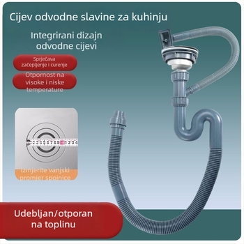 Cijev odvodnje za kuhinju s integriranim S-oblikom, bez alata, materijal PP/PE, kompatibilna s odvodom za jedan i dva otvora