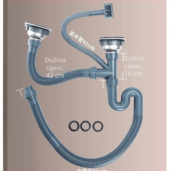 Cijev odvodnje za kuhinju s integriranim S-oblikom, bez alata, materijal PP/PE, kompatibilna s odvodom za jedan i dva otvora