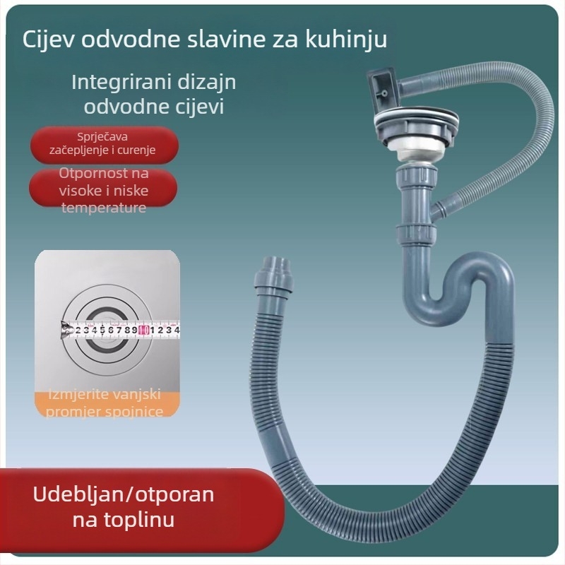 Cijev odvodnje za kuhinju s integriranim S-oblikom, bez alata, materijal PP/PE, kompatibilna s odvodom za jedan i dva otvora