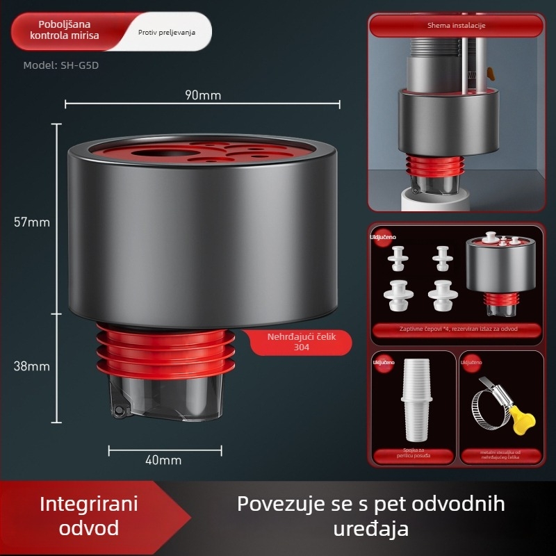Hsak trostruki odvodni spoj za kuhinjski sudoper — zaštita od mirisa, model Hst-h1g, materijal: 304 nehrđajući čelik + plastika, težina 100 g, stil lagani luksuz