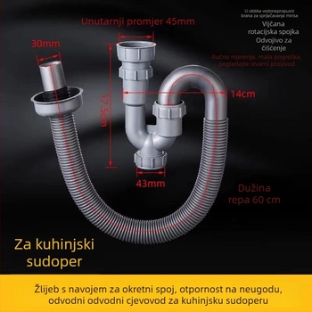 S-oblik odvodne cijevi za umivaonik s anti-mirisom, PP materijal, tip klapne, moderan minimalistički dizajn