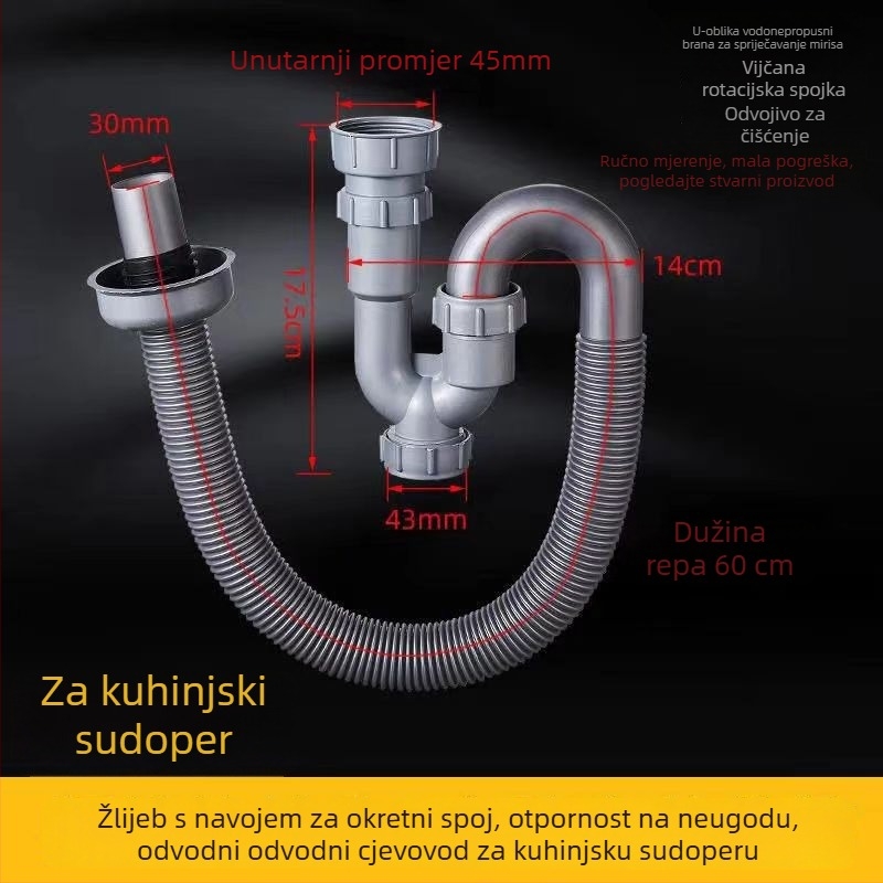 S-oblik odvodne cijevi za umivaonik s anti-mirisom, PP materijal, tip klapne, moderan minimalistički dizajn