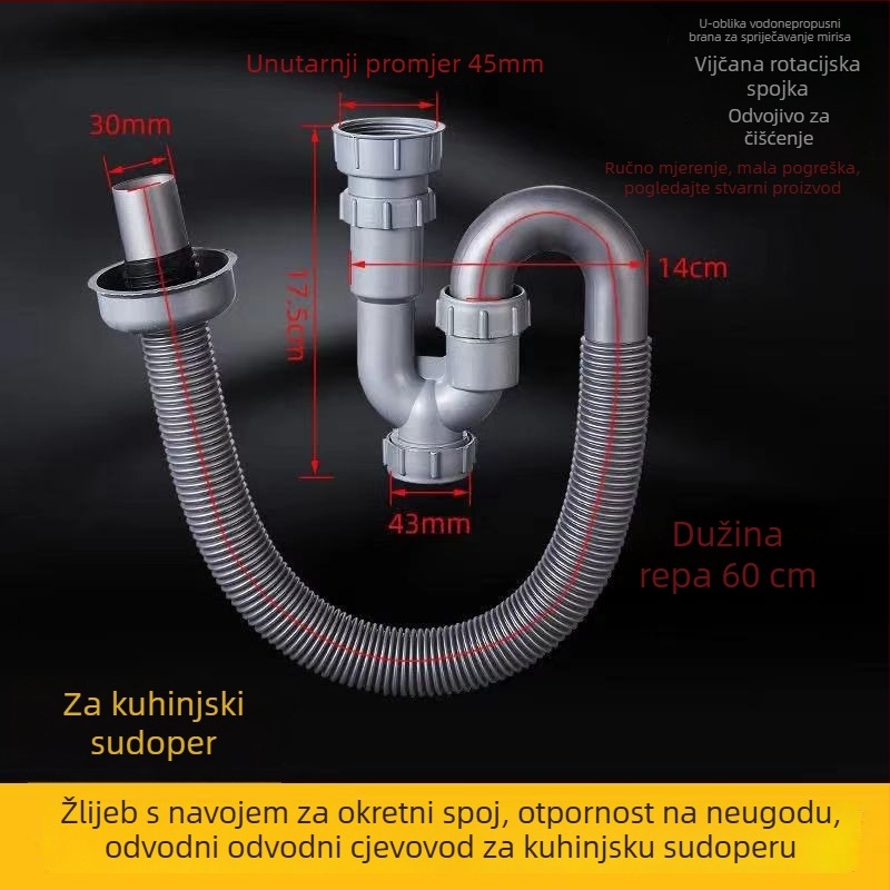 S-oblik odvodne cijevi za umivaonik s anti-mirisom, PP materijal, tip klapne, moderan minimalistički dizajn