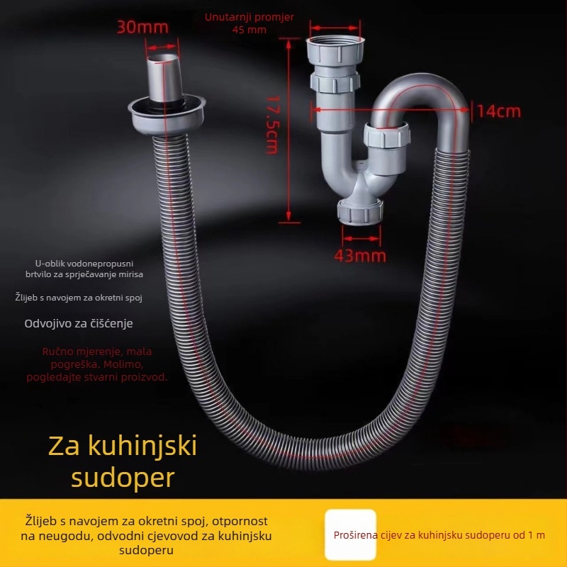 S-oblik odvodne cijevi za umivaonik s anti-mirisom, PP materijal, tip klapne, moderan minimalistički dizajn