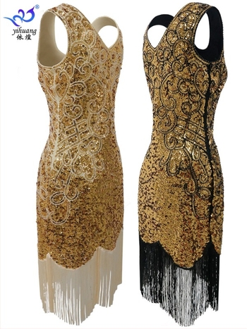 Plesna haljina s šljokicama i franjama, dvostruki V-izrez, mrežasti materijal, vintage pozorišni kostim