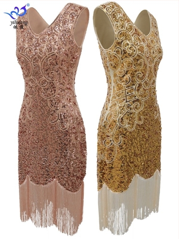 Plesna haljina s šljokicama i franjama, dvostruki V-izrez, mrežasti materijal, vintage pozorišni kostim