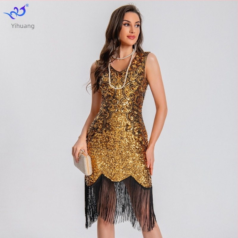 Plesna haljina s šljokicama i franjama, dvostruki V-izrez, mrežasti materijal, vintage pozorišni kostim