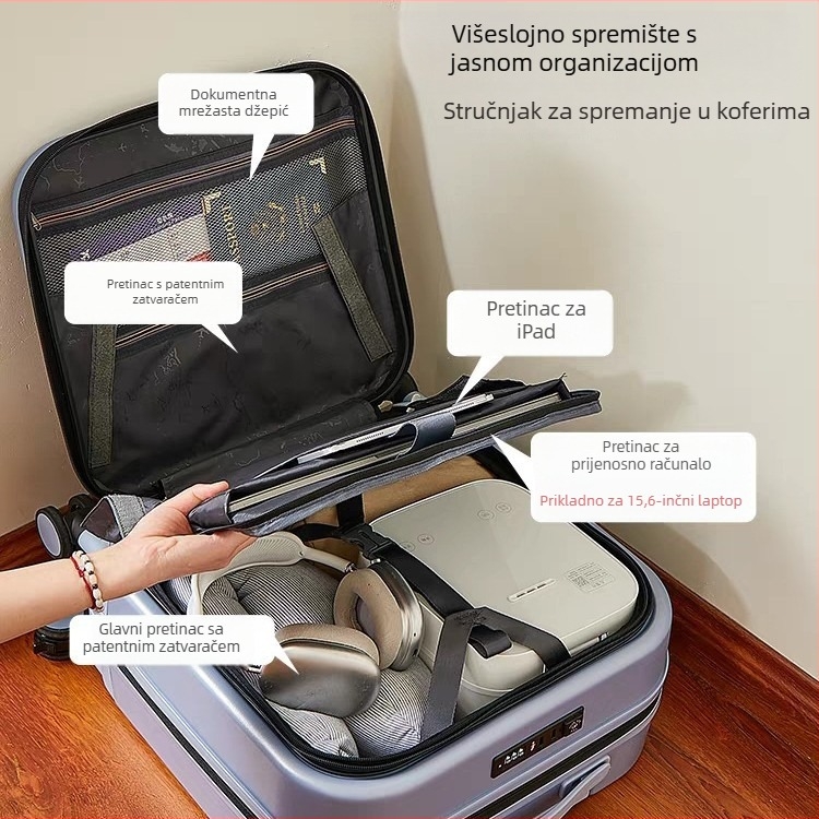 Putna kutija s prednjim otvaranjem, PC materijal, proširiva, 360° kotači, TSA zaključavanje na lozinku