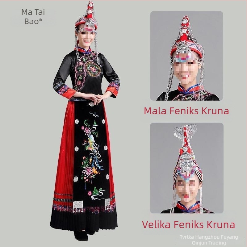 Tradicionalni kostim etničkih manjina za plesne izvedbe s izšivkom i feniks krunom, glavni materijal pamuk, vanjski poliester, proljeće 2023