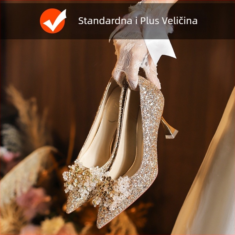 Vjenčane cipele s oštrim vrhom, stiletto peta, visina pete 6–8 cm, niska gornja linija, PU uložak