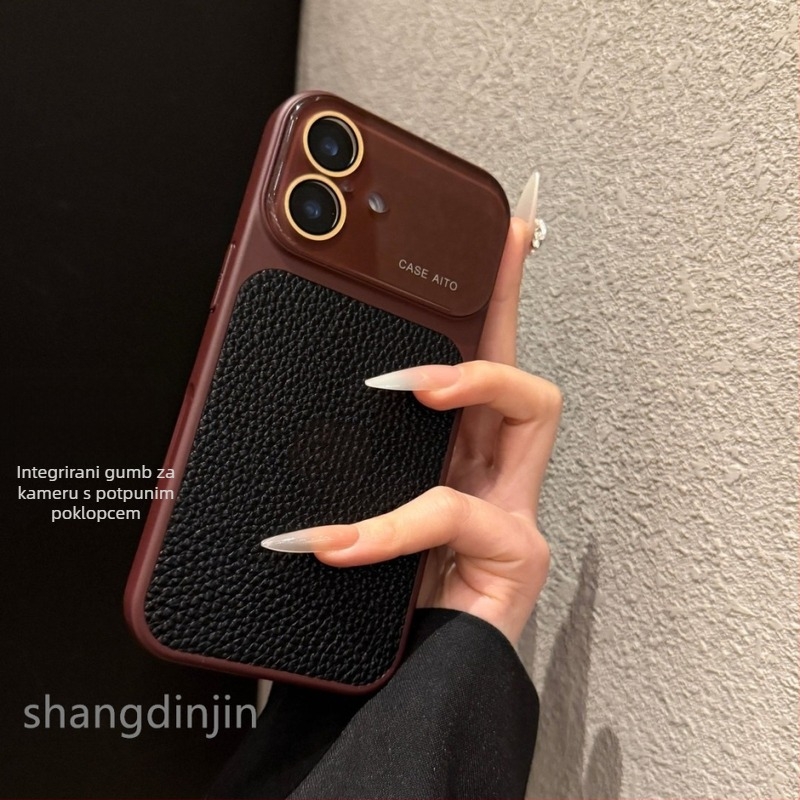 Kućište za iPhone 16/17 s jesensko-zimskim retro lychee uzorkom, od umjetne kože, reljefno graviranje, otporno na padove