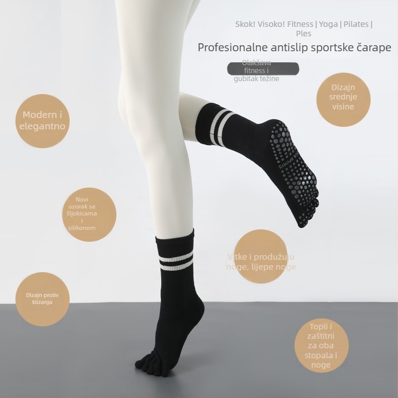 Ženske joga čarape za prste, protuklizne, pamuk, visok tube, 70–80% pamuka, upijaju znoj i filtriraju miris, za jogu, pilates i fitness